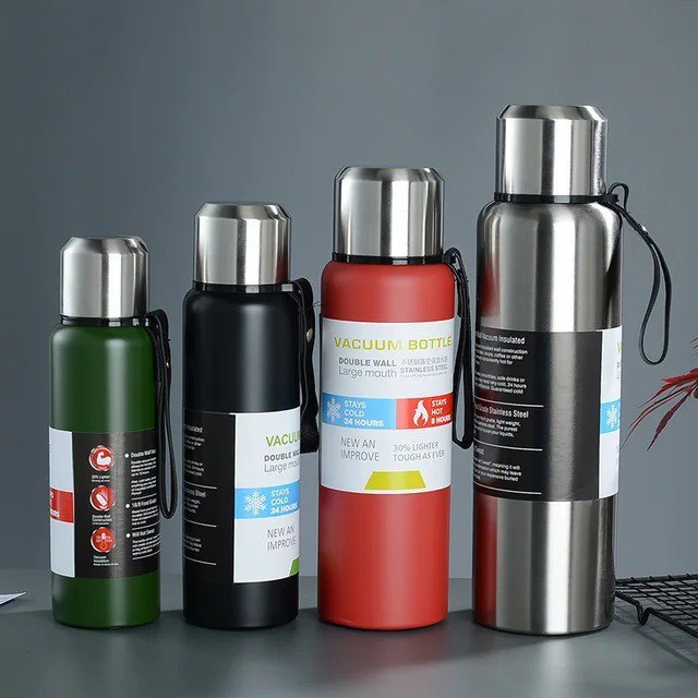 زجاجة حرارية استانلس ستيل SUS 304 – تصميم نحيف أنيق بعليقة وغطاء كوب للمشروبات الساخنة والباردة