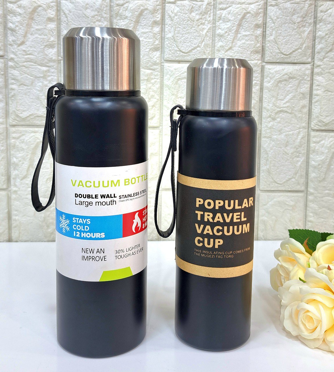 زجاجة حرارية استانلس ستيل SUS 304 – تصميم نحيف أنيق بعليقة وغطاء كوب للمشروبات الساخنة والباردة