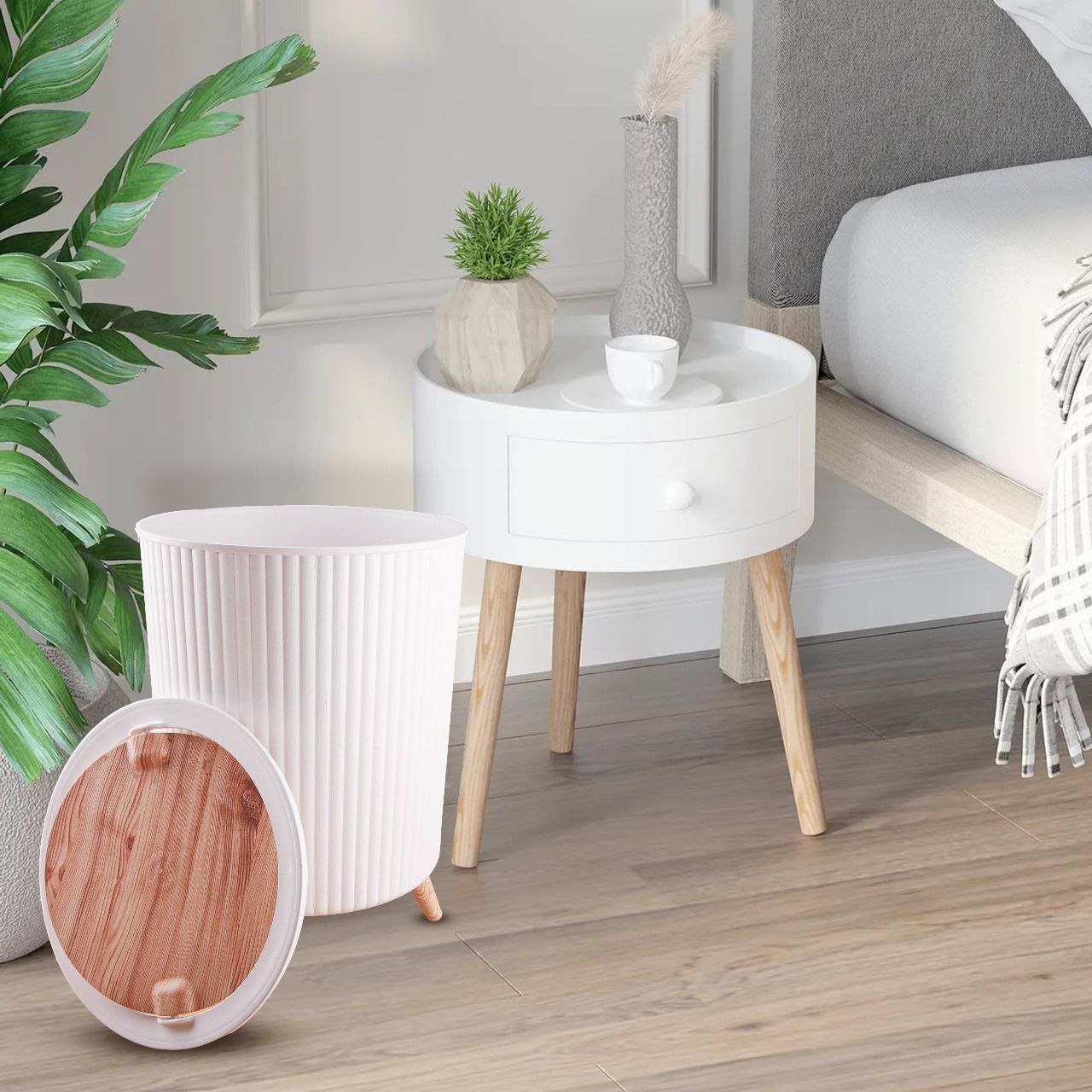 باسكت ديكوريشن متعدد الاستخدام – تصميم عصري بغطاء وأرجل خشبية | سعة 8.5 لتر 🗑️✨ 