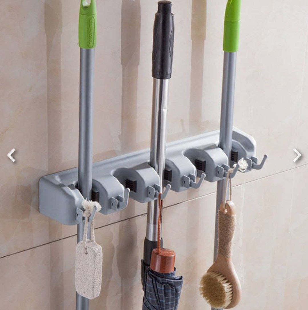 حامل مكانس خماسي مستورد – 5 عيون + هوكات لتنظيم أدوات التنظيف
