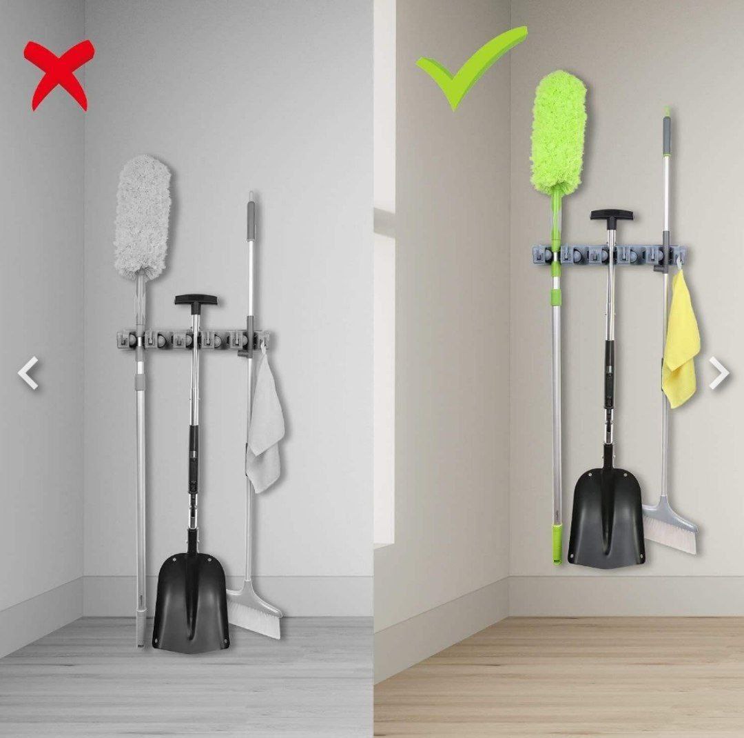 حامل مكانس خماسي مستورد – 5 عيون + هوكات لتنظيم أدوات التنظيف